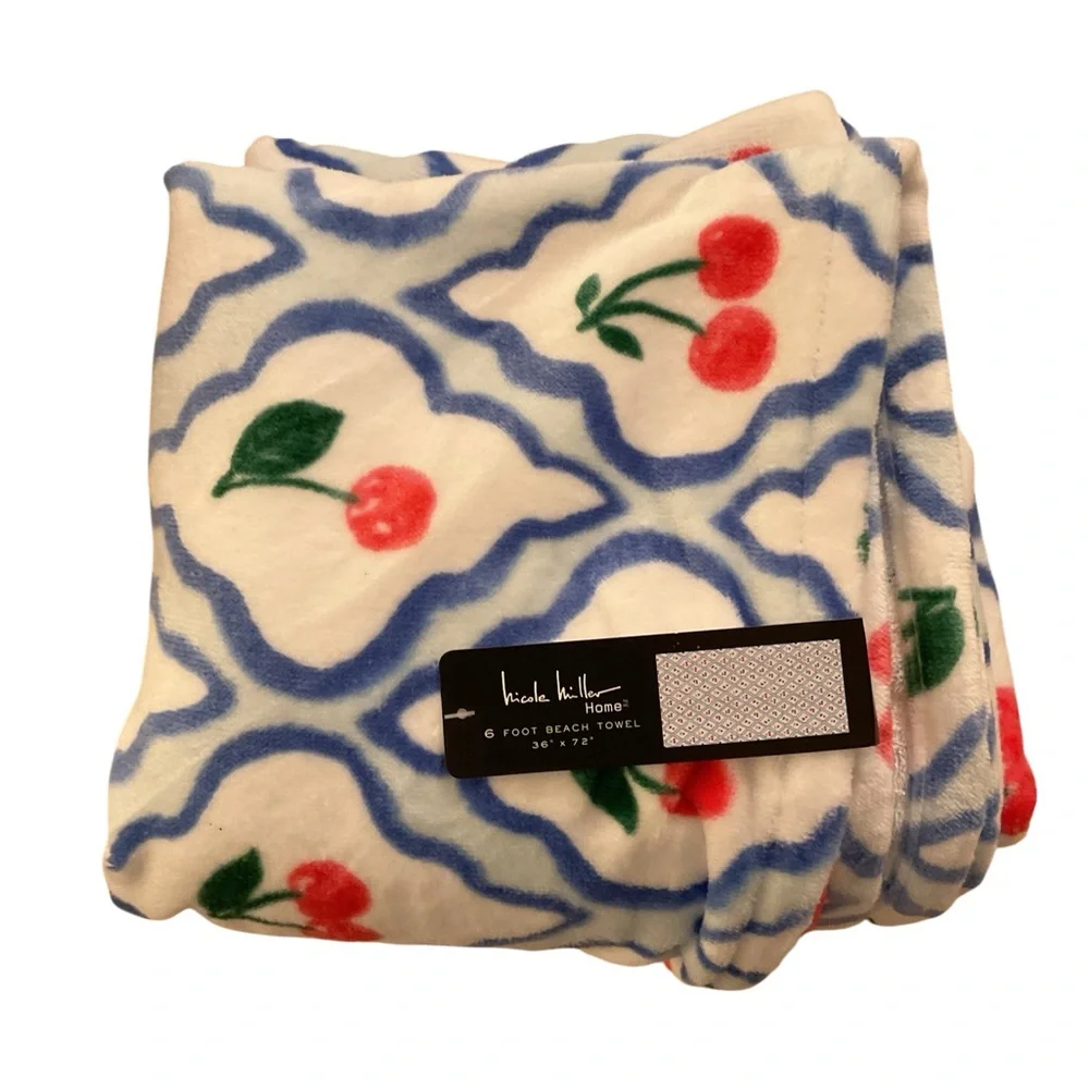 Nicole Miller 6’ Beach Towel with Cherry and Blue Design NWT